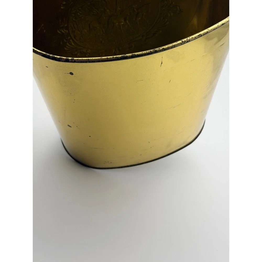 Vintage Gold Metal Oval Wastebasket Embossed Horse Carriage Village Scene 6in